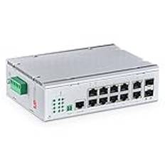 Binardat Industriell 12-portars Full Gigabit Solar POE hanterad strömbrytare, input DC8V-57V till DC48V spänningsbooster, IEEE802.3af/at POE 240W, Web/CLI L3 Managed Ring Switch DIN-Rail IP40