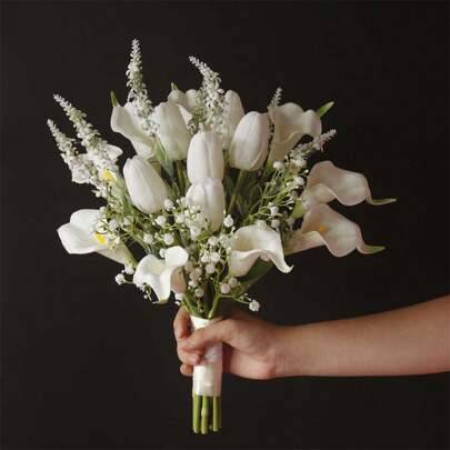 1 bukett vita brudblommor, konstgjorda tulpaner med känsla, brudtärnebukett, brudbuketter, bröllopsdagsdekor, födelsedagsfesttillbehör, rumsdekoration - Multifärgad (1pc)