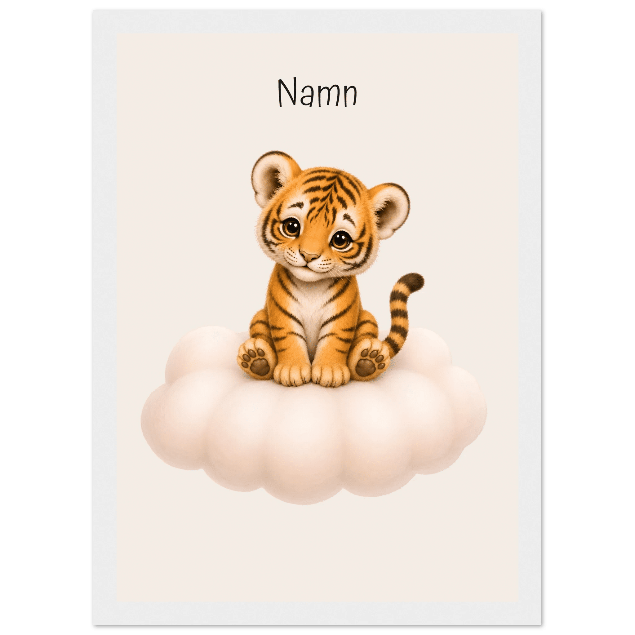 Tiger på moln med namn-21x29.7 cm / 8x12" / Med ram / Vit