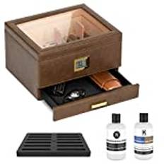 CASE ELEGANCE Belmont glas topp humidor premium veganskt läder, främre digital hygrometer, spansk cederer, humidorlösning, hydrosystem och tillbehörslåda – rymmer (30-60 cigarrar)