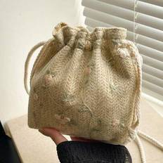 Retro Casual Shoulder Drawstring Bucket Bag For Women - Khaki