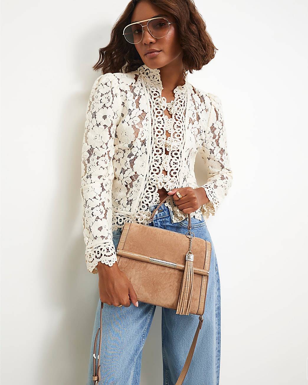 Beige Faux Suede Bar Front Charm Tote Bag