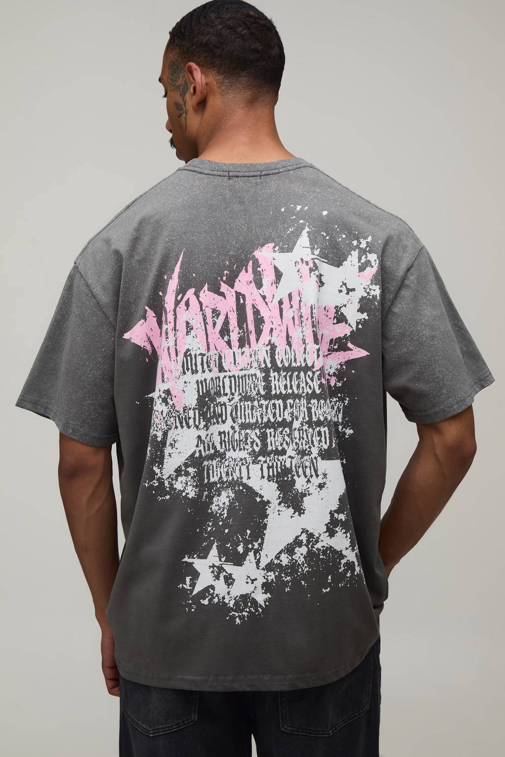 Charcoal Oversized Star Graffiti Print Spray Wash T-Shirt | Size Small