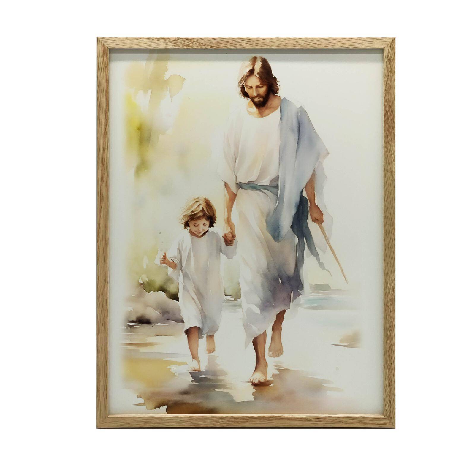 Jesus Gående Med Barnet JESUS Gående Med Barnet, 40X50 Cm, Guld Aluminiumram, Matt Papper 230 Gsm 54