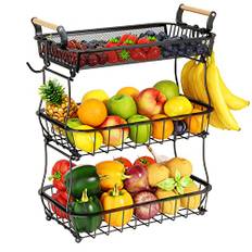 Miyawell fruktkorg, fruktskål med 3 nivåer med 2 bananhängare, köksbänkställ, grönsaksdiskhållare, stora metallskålar perfekta för att hålla frukt, grönsaker, mellanmål, muffins, svart