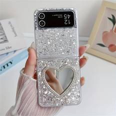 TEMU Ins Rhinestone Love Heart Makeup Mirror Glitter Sequins Epoxy Folding Phone Case For For Galaxy Z Flip 6 5 4 3 Korean Bling Shockproof Protect Back Cover