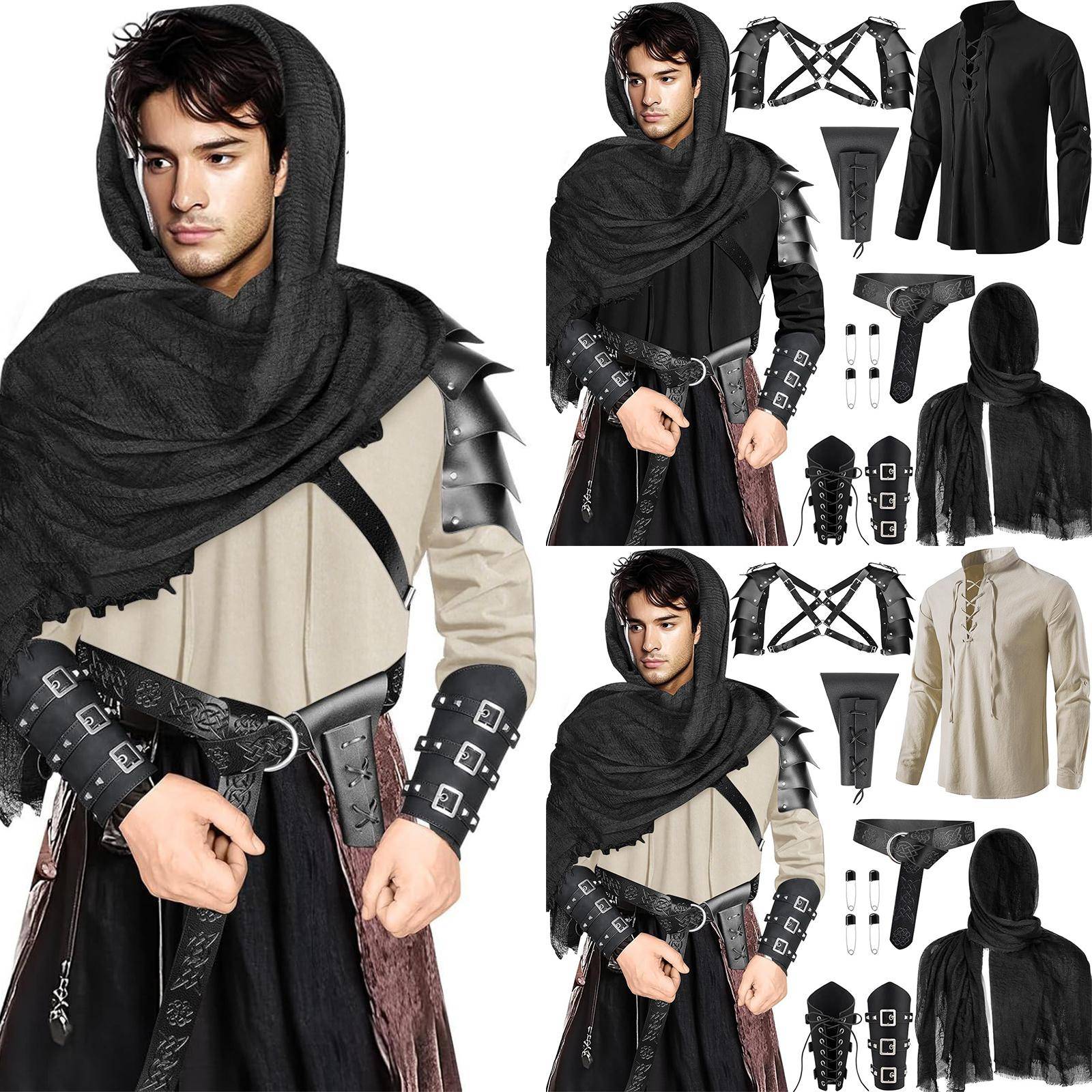 Medeltida Stil Herrskjorta och Tillbehörsset Cosplay Kostym med Axelrustning Armskydd Huva och Bälte för Renässansmarknad LARP cm black
