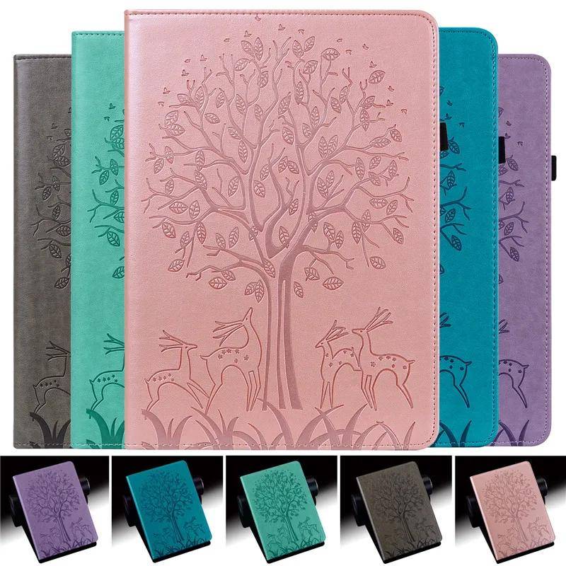 För iPad 10:e 9:e 8:e 7:e 6:e Gen Fodral Präglat Träd Hjort Vändbart Surfplattefodral för Funda iPad 10.2 9.7 Air 1 2 iPad 10 9 8 7 6 Fodral