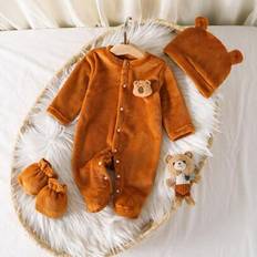 Nyfödd Enfärgad Gul Enkel Elegant Långärmad Romper Set Med Mössa Och Vantar, Spädbarnspyjamas - Kaffebrun (6-9M,0-1M,1-3M,3-6M)