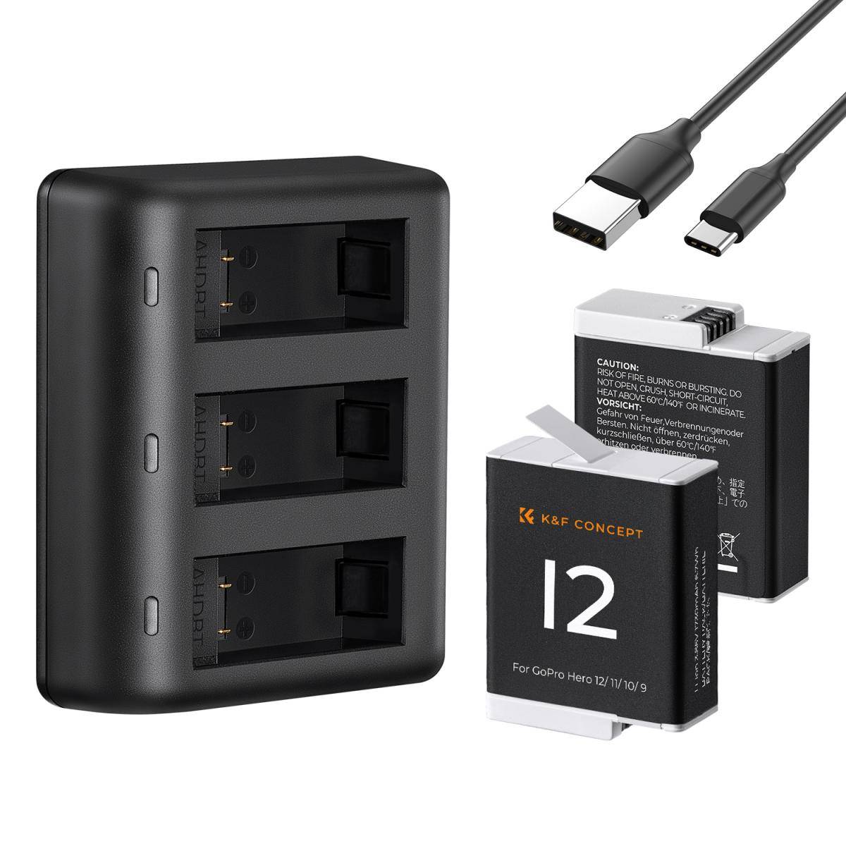 KENTFAITH 2 Pack 1730mAh Batteries for GoPro Hero 12/11/10/9 Black, with 3-Channel LCD USB Fast Charger Fit for Gopro Hero 12 Black, Hero 11 Black, Hero 10 Black, Hero 9 Black