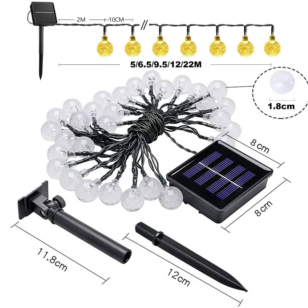 Solar Light Crystal Ball LED String Lights 8 Modes 5M/7M/12M/22M Fairy Garlands for Outdoor Christmas Party Decoration