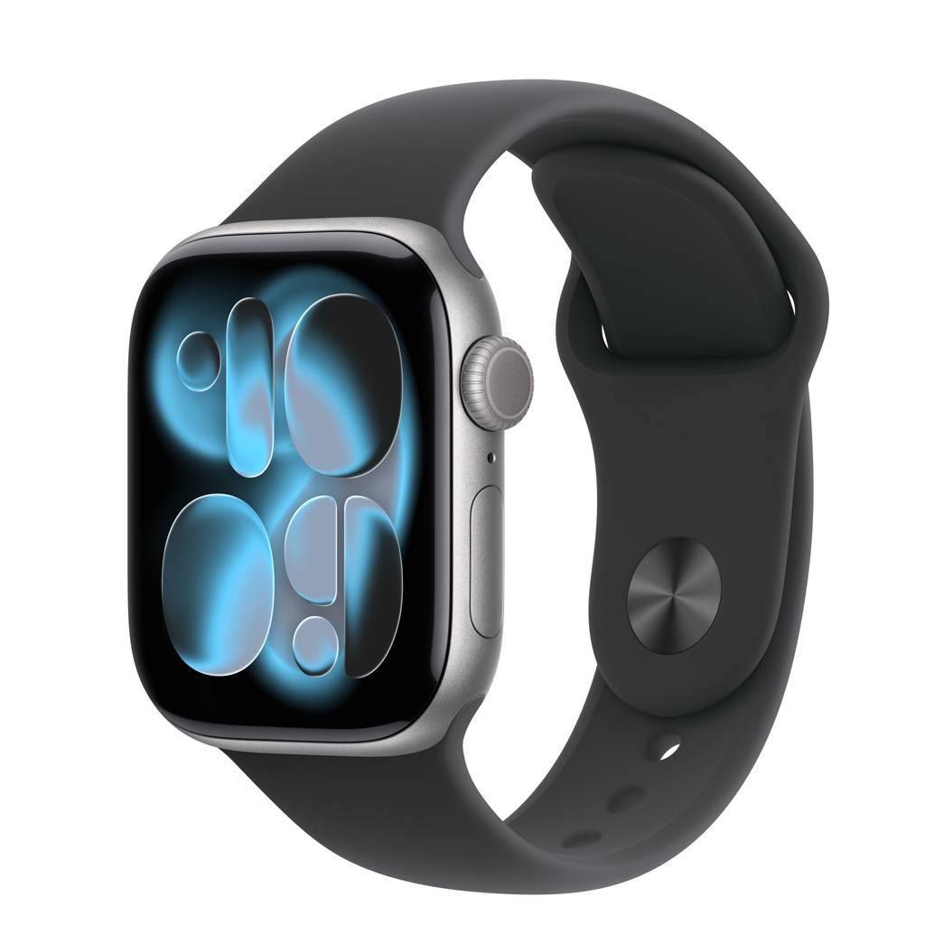 Apple Watch Series 11 (GPS) • Aluminiumboett rymdgrå, 42 mm • Sportband svart – M/L