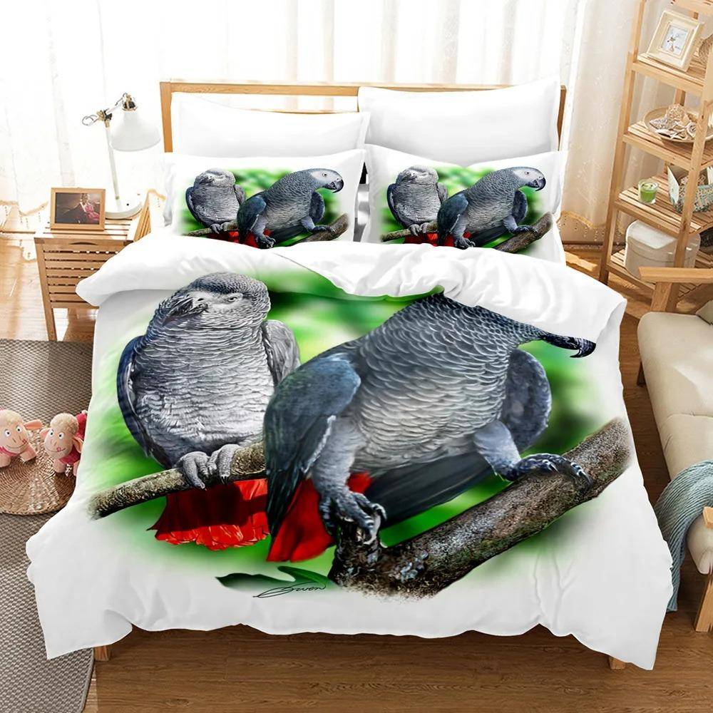 Påslakanset med papegoja King/Queen-storlek, Härligt grått papegoj-tema sängkläder för barn vuxna, Träd Fågel Påslakan, Grön 70x133cm