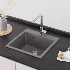 CECIPA Spüle Granit Grau 45x45cm, Waschbecken Küche Eckig, Spülbecken Küche, Granitspüle Grau, Moderne Küchenspüle Set, Einbauspüle Granit für Küche, Graue Spüle Küche Mit 2 Hahnlöcher, 1 Becken