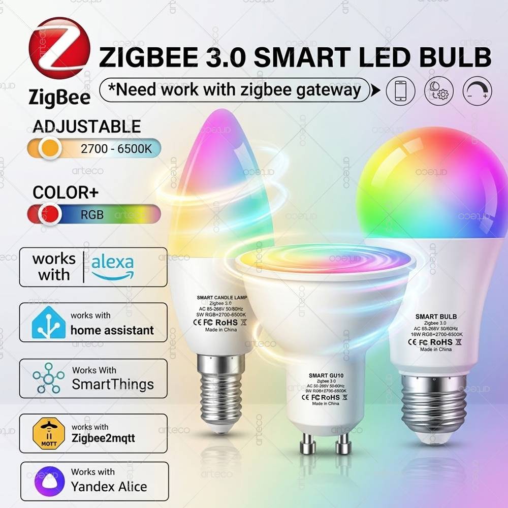 Zigbee 3.0 Smart Led Light Bulb E27 E14 GU10 Lamps RGBCW Works With Alexa Echo Yandex Alice Voice Control Home Assistant Z2MQTT