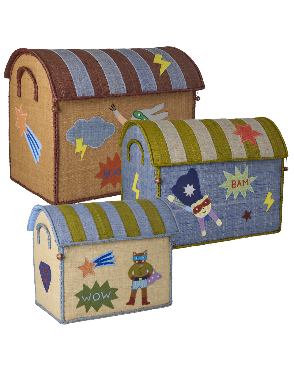 Rice - Raffia Toy Baskets with Hero Theme - Blue - Set of 3 (Large, Medium, Small)