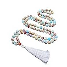 World Wide Gems, havsedimentjaspis sten mala-pärlor, 108 mala-halsband, knuten mala, WWG halsband, yoga smycken meditationspärlor andliga smycken boho smycken, 34inch, Ädelsten