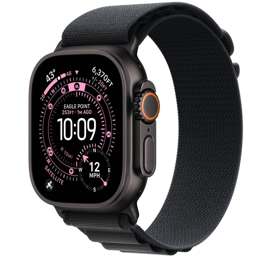 Apple Watch Ultra 3 (GPS + Cellular) • Titanboett svart, 49 mm • Bergsloop svart – S