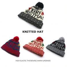 1pc Christmas Holiday Warm Costume Hat, Christmas Costume Headpiece, Fashionable Christmas Santa Warm Hat, Knitted Christmas Hat With Pom Pom, Thick E - Multicolor - Black,Red,Grey,Claret