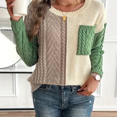 TEMU Women's Cable Knit Sweater - Casual Pullover With Pocket, Long Sleeves, Round Neckline For Fall/winter, Fall Fashion Top | Design | Polyester Sweater, Cute Sweaters