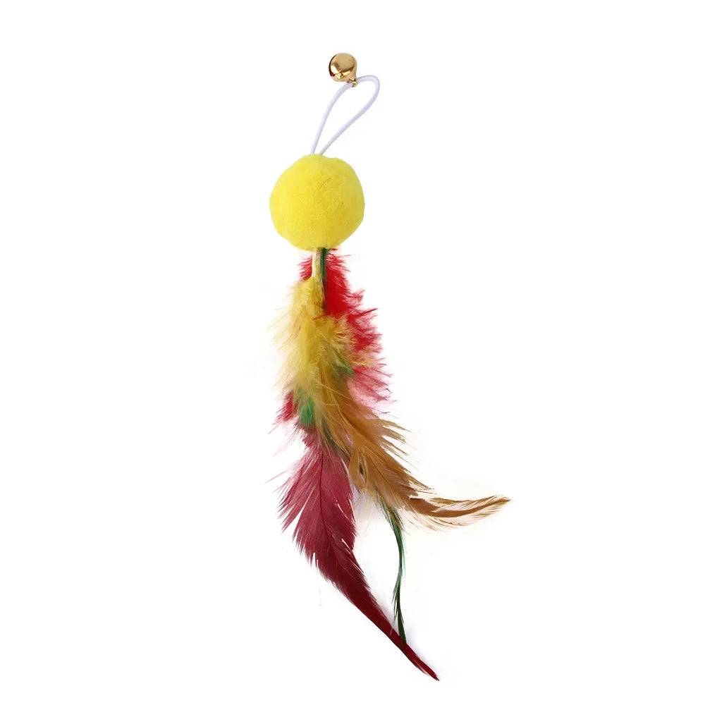 Feather Wand Cat Toy with Bell & Worm String - Interactive Teaser Set - THT-2-Yellow