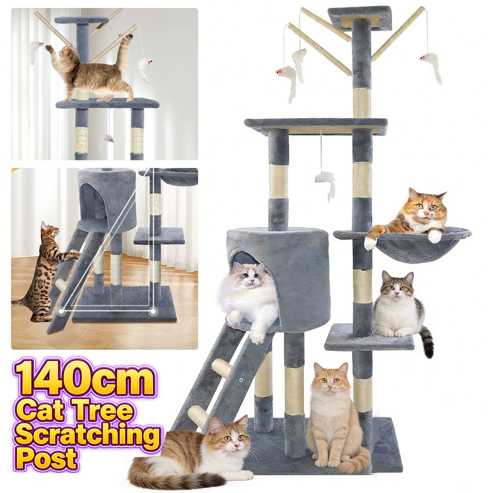 Cat Tree Scratching Post, Stable Structure KittenActivity Centre Pet Toy Scratcher, Tall Cat Furniture Climbing Tower