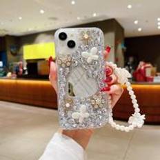 Y2k With Phone Charm Thickened And Anti-Drop New Fashionable Handmade Drop Glue Love Mirror Rhinestone Pearl Butterfly Metal Flower Trendy Mobile Phone Case For Women With Pearl And Bowknot Hanging Rope