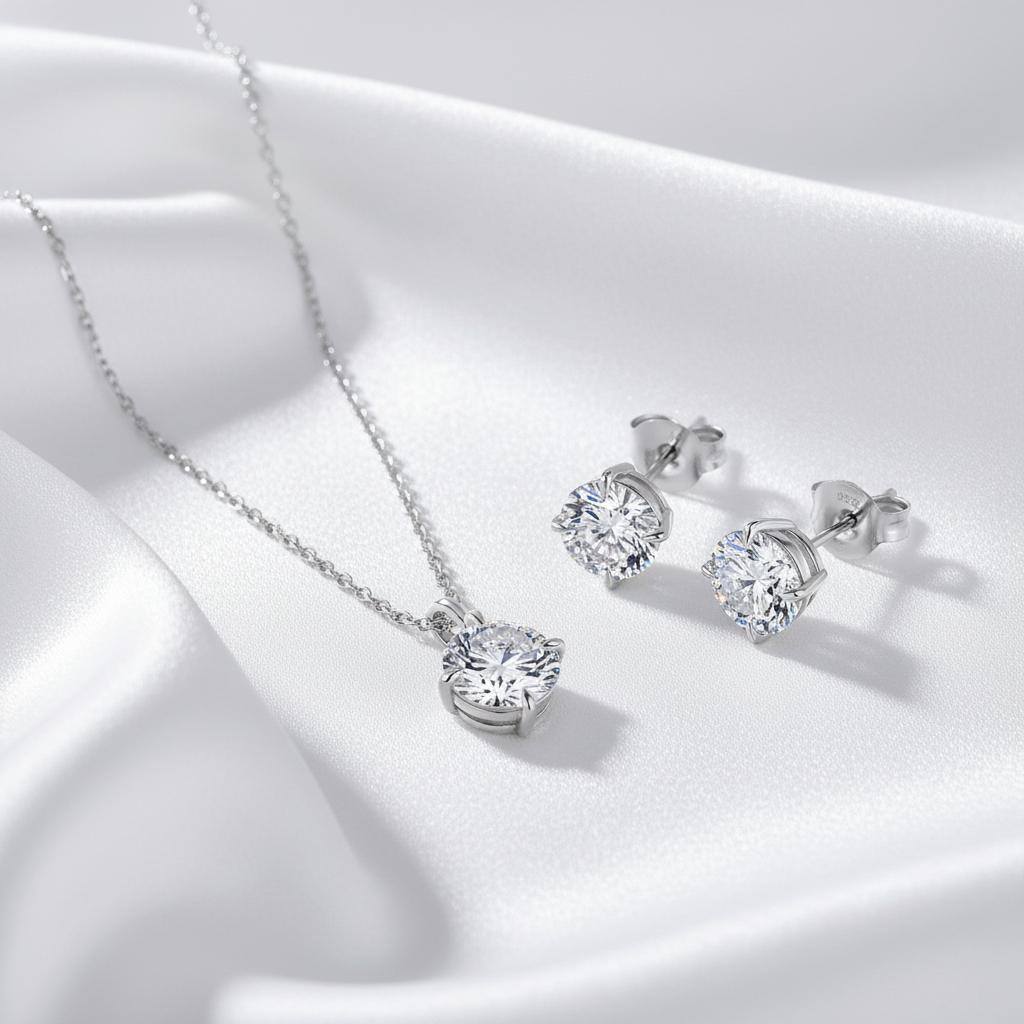 Celeste – Matchande Set Halsband & Örhängen Moissanite 925 Silver