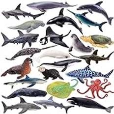 TOYMANY Set med 24 stycken havslekfigurer – havsdjurfigurer, plastdjur, minidjur – havsfisk haj, val bläckfisk – för lek eller som dekoration