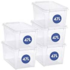 SmartStore 47L genomskinliga stora plastförvaringslådor med lock – set med 5 – genomskinliga – stapelbara och stapelbara – 10 års garanti – livsmedelssäker och BPA-fri – vit klämma låst – L 59 x B 39