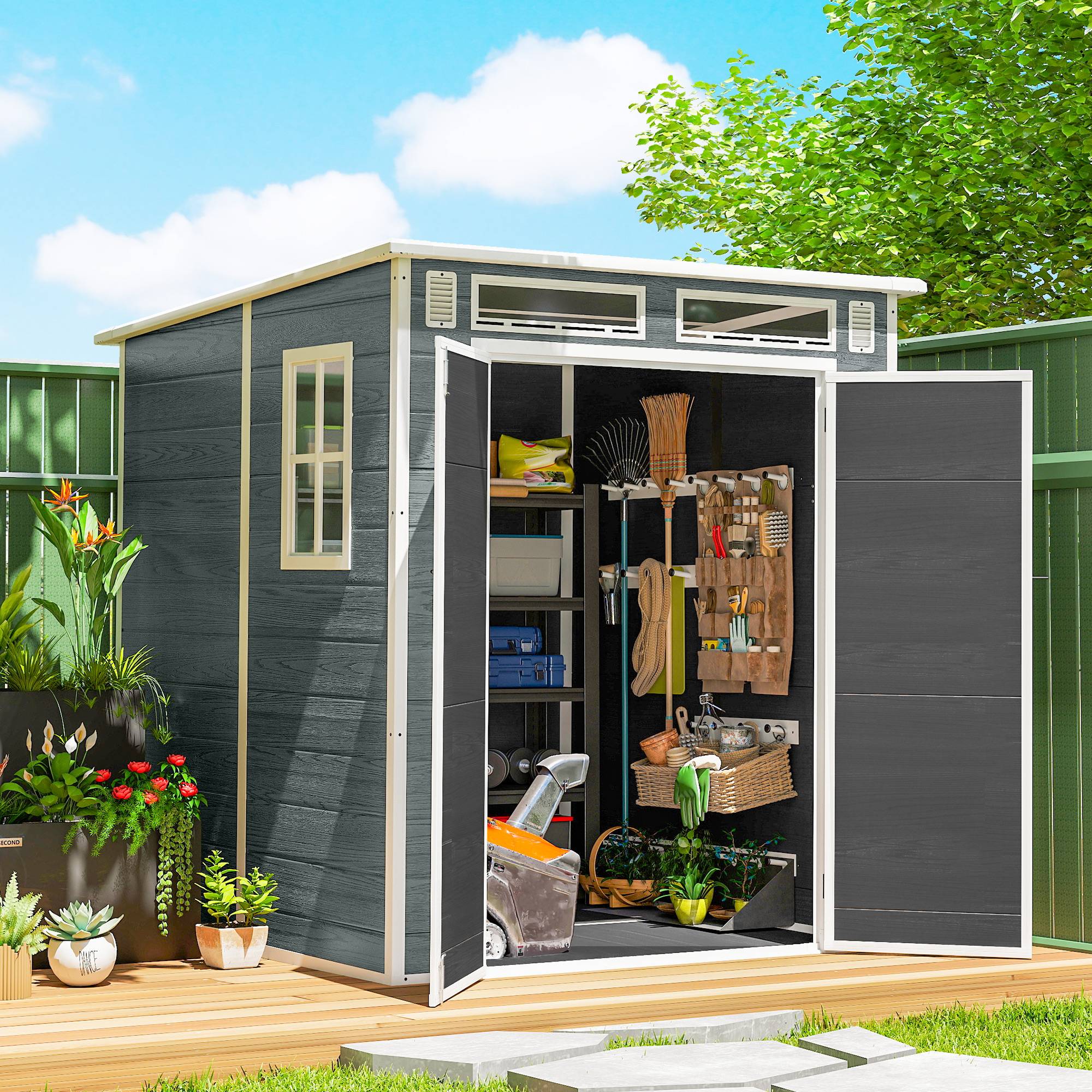 Haveskur 2,89 m², redskabsskur med trælook, 3 vinduer, dobbeltdør, ventilation, gulv, lås, 182 x 182 x 196 cm