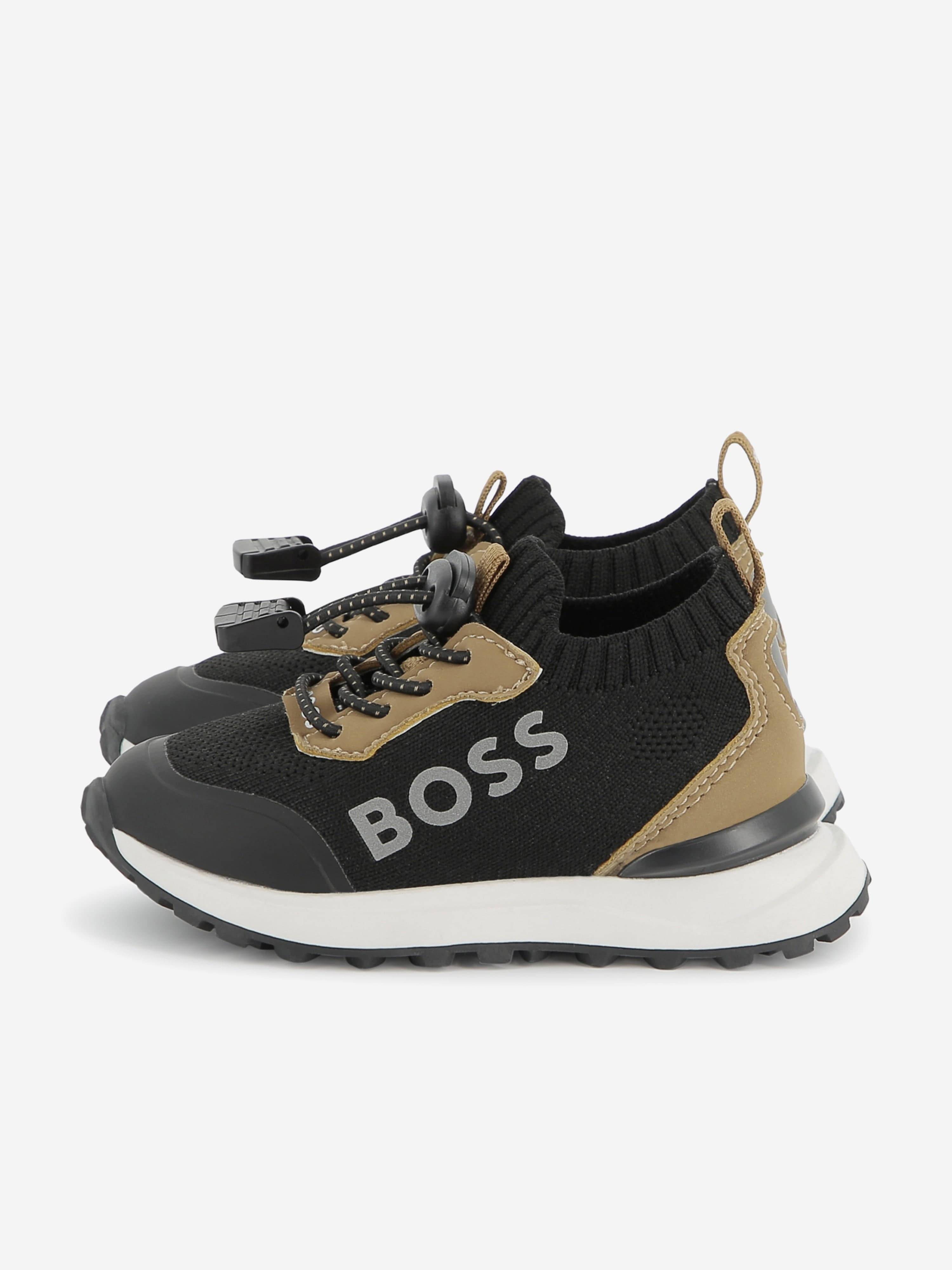 BOSS Boys Logo Sock Trainers in Brown - Brown / EU 26 UK 8.5 (EU 26 UK 8.5)