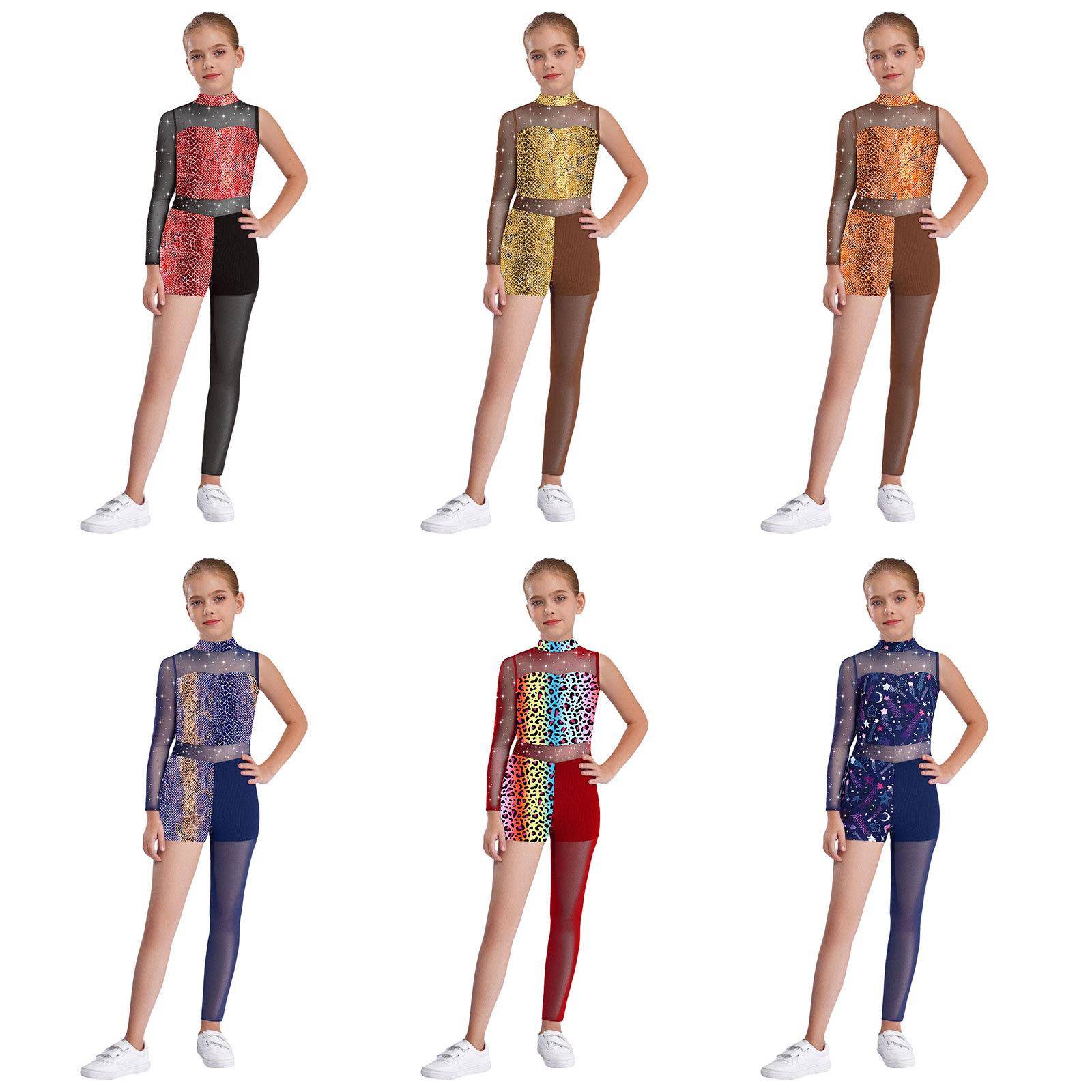 Gymnastikdräkt för barn med 3 tryck (Stjärna/Leopard/Ormskinn): Glittrande Strass & Genomskinligt Nät Asymmetrisk Bodysuit cm beige