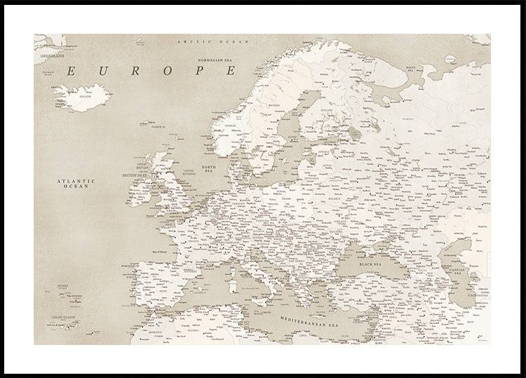 Vintage looking detailed map of Europe Poster (70x100cm) - Plakater > Vintage Posters, Illustrationsposters, Maps