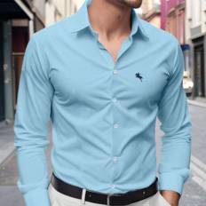 Men&#39;s Spring Horse Print Button-Front Long Sleeve Shirt - Blue - L,M,S,XL,XXL