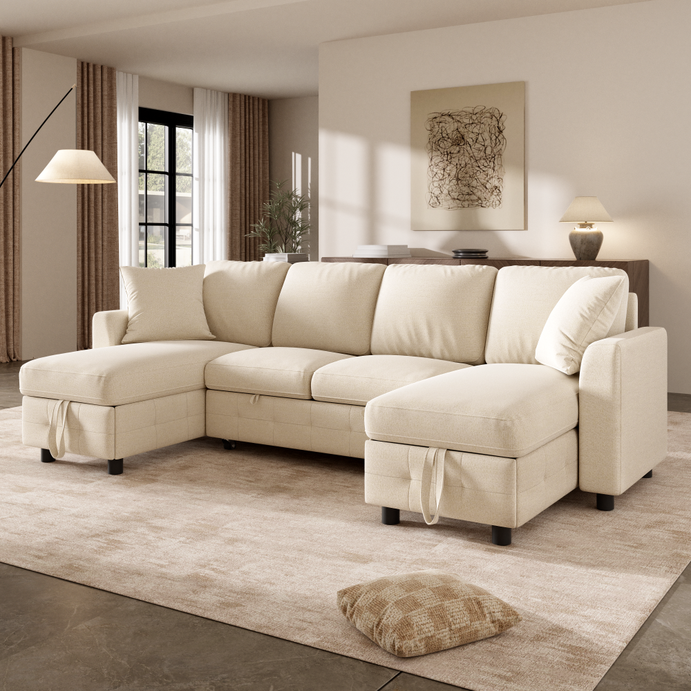 Modern Convertible U-Shape Beige Chenille Sofa Bed, Pull-out Mechanism Provides Practical Sleeping Function, 2 Storage Chair Length Segments Included Together with 2 Plush Throw Pillows, Large Family