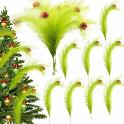 5/10 st konstgjorda julgransdekorationer i vassgräs med gröna blad och röda bollornament, inomhus-/utomhusgrenar i plast för julgran, självbärande ell