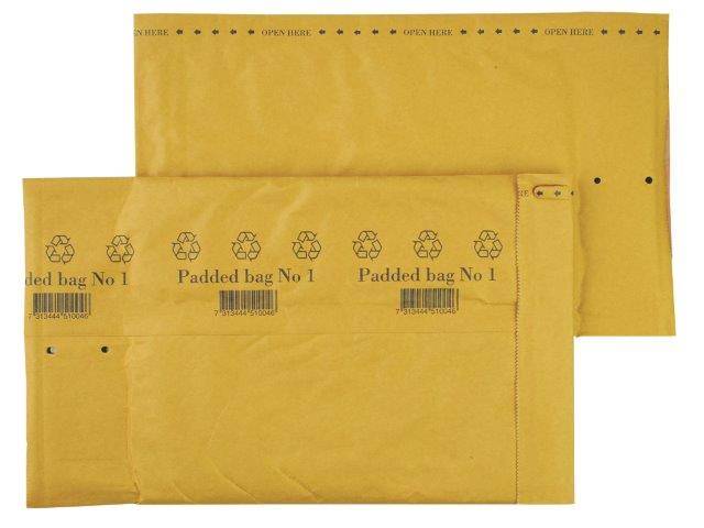 Vadderad påse Jiffy 1, pappersfiberfoder, 165 x 280 mm, 100 st (165x280mm)