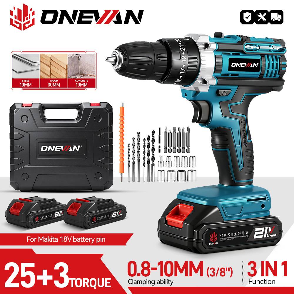 ONEVAN Cordless Electric Drill 25-Speed Function Impact Drill Hammer Drill Screwdriver Power Tool For Makita 18V Battery Pin