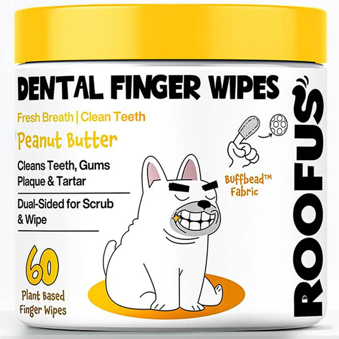 Roofus Dental Finger Wipes med Peanut Butter – tandrengörande fingerservetter för hundar (60 st.)