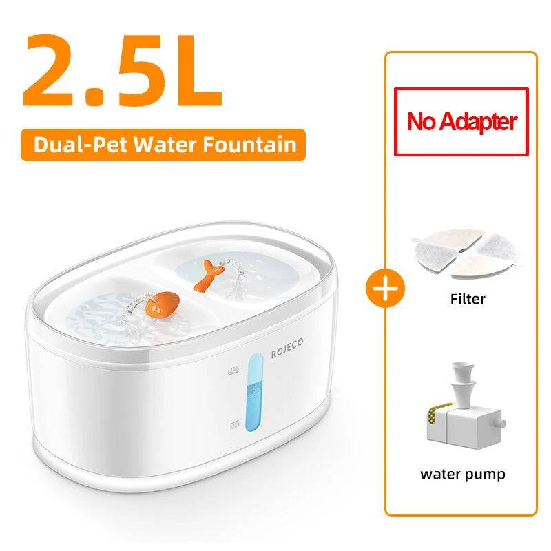 Dual Bowl Automatic Pet Water Fountain for Multiple Cats and Dogs - No Adapter / 2.5L