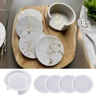 5 st silikonformar för runda underlägg i harts, epoxi och gips, kombinationsset med förvaringsbox (5PC set)