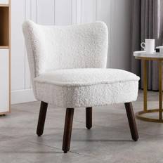 Ya-Home Fuskpäls modern accentstol tillfällig lounge stol med träben för vardagsrum/sovrum, vit päls