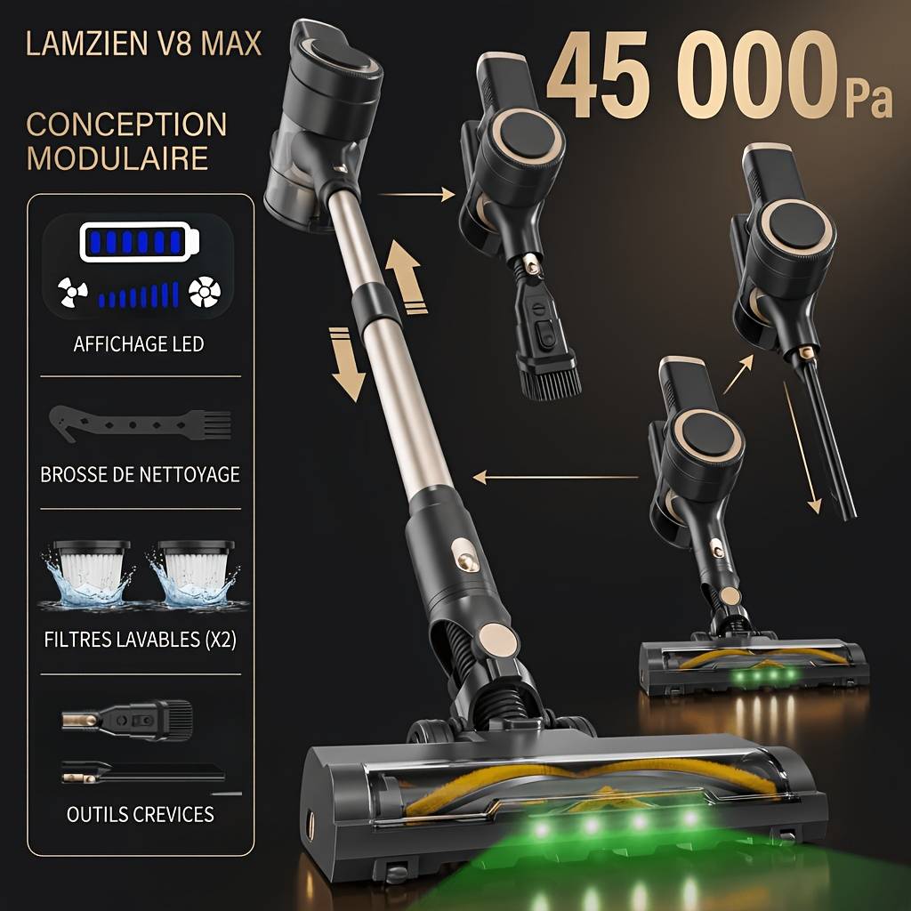TEMU Lamzien Cordless Vacuum Cleaner V8max 45000pa Strong Suction 45 Long Anti- Brush Pet Hair Portable Lightweight For Home Carpet Hard Floor Sofa Car