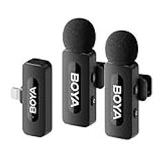 Boya BY-V2 Trådlös Lavalier Mikrofon (2TX+1RX) för iPhone, Mini Mobiltelefons Mikrofon Trådlös, Bullerreducering, Dubbla Lavalier Mikrofoner för YouTube, Podcast, Facebook, Tiktok Vlog Inspelning