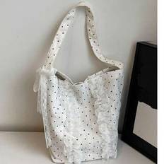 Back To School Unique Lace Bow Decor Student Shoulder Tote Bag, Versatile Commute & Class Carry Bag - White