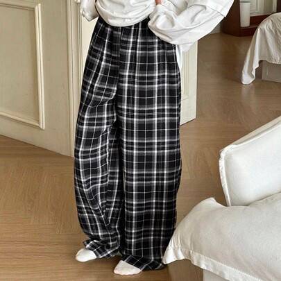 Tonårs-/Ungdomsflickor Casual Lösa Rutiga Pyjamasar/Loungewear, Höst - Svart (14Y,13Y,16Y,15Y)