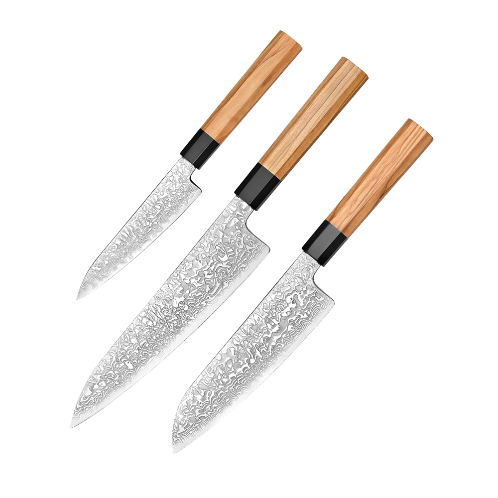 Japansk knivsæt | Petty Santoku Gyuto | Damaskus Yuki-onna.