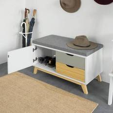 FSR92-W, Hall Skobänk Skoskåp Skoställ med 1 skåp och 2 lådor, B80 X D38 X H51cm - Vitt