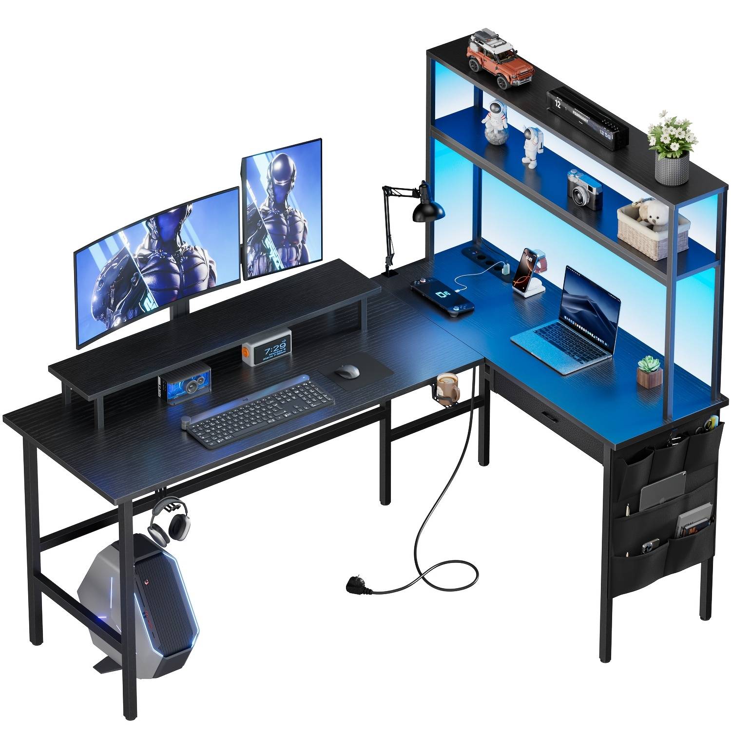 Reversible Gaming With Power Outlet, L-shaped Computer Desk With Flip Corner, Ergonomic With Storage Shelves, Drawers & Bags, With Hutch Monitor Mount, Home Office